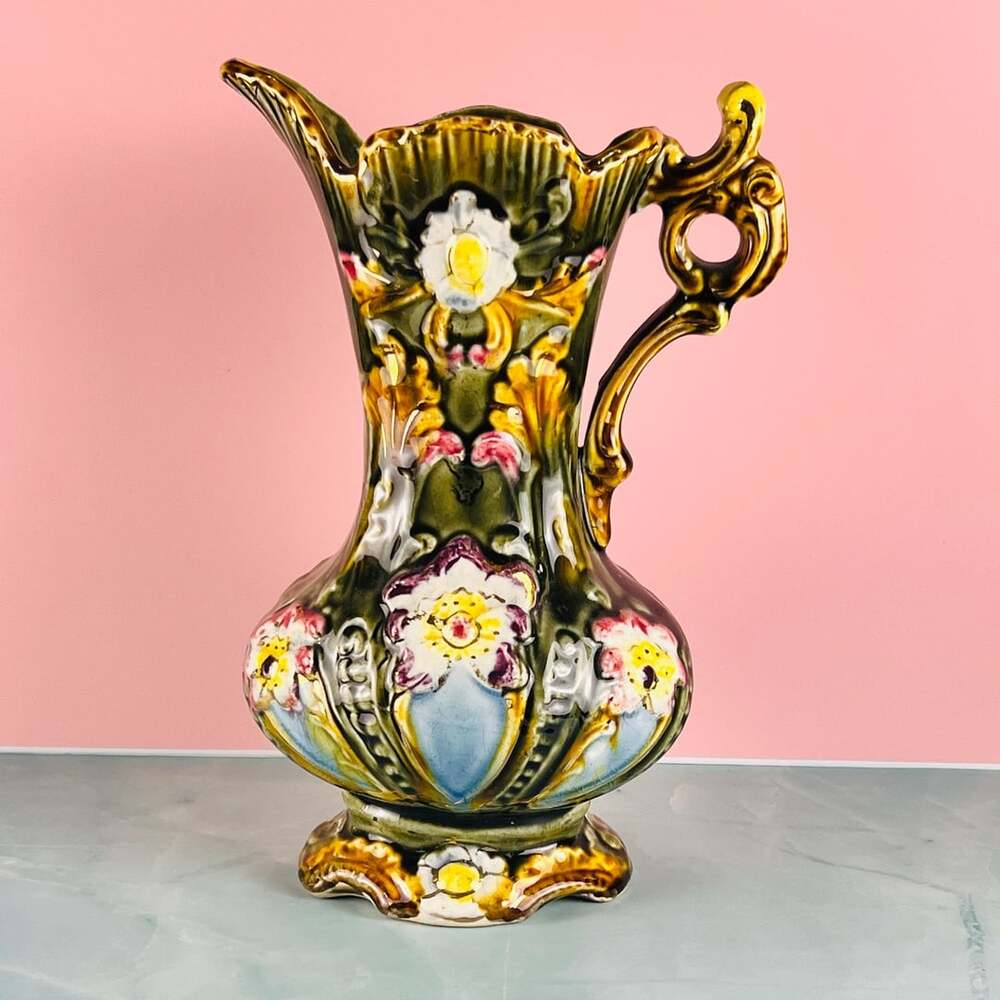 Antique Majolica Ewer Vase Green Floral Art Nouveau Handle